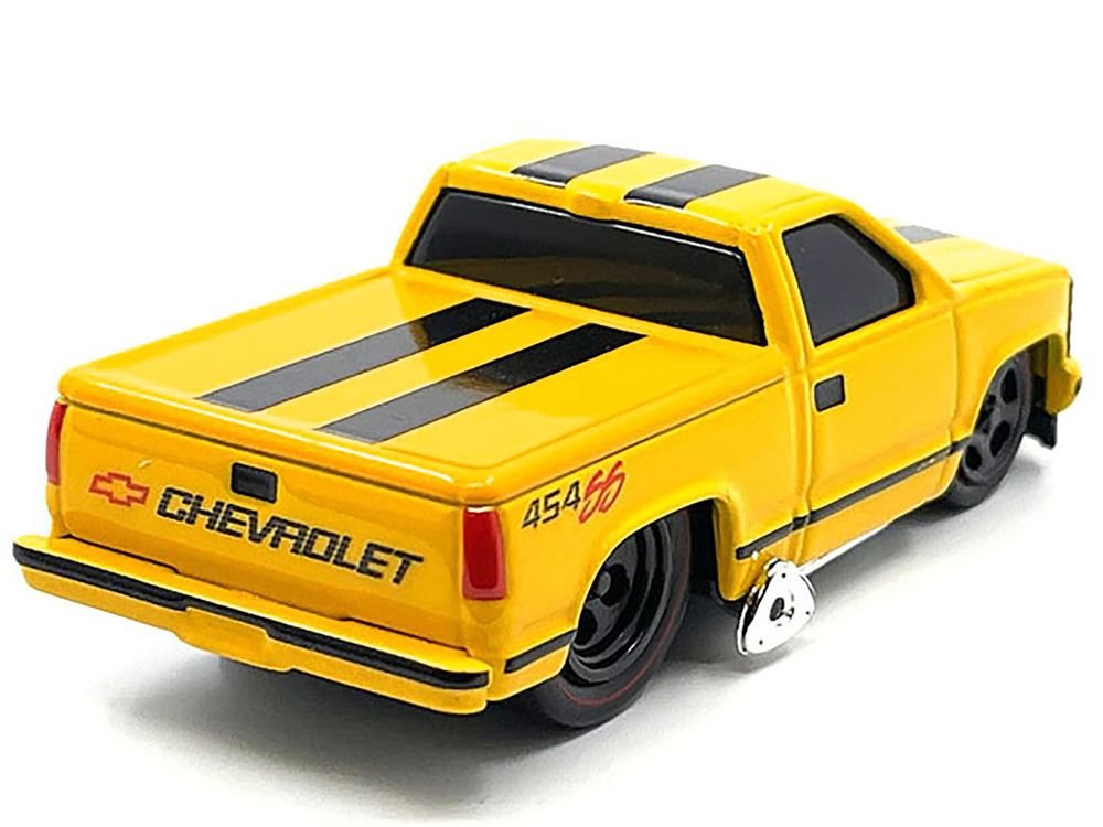1993 Chevrolet 454 SS Pickup Truck Yellow with Black Stripes 1/64 Diecast Model Car by Muscle Machines view 2