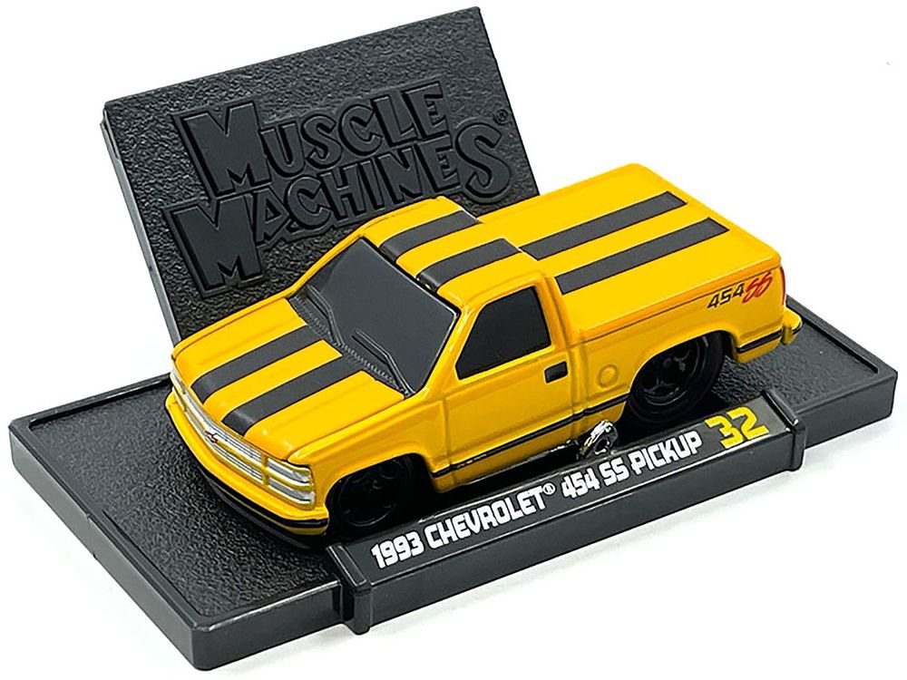 1993 Chevrolet 454 SS Pickup Truck Yellow with Black Stripes 1/64 Diecast Model Car by Muscle Machines view 3