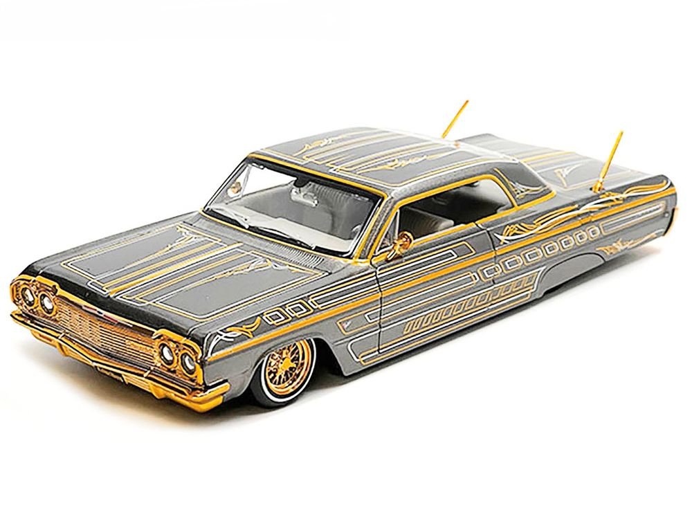 1964 Chevrolet Impala SS Lowrider Gray Metallic with Gold Graphics "Lowriders" "Maisto Design" Series 1/26 Diecast Model Car by Maisto view 3
