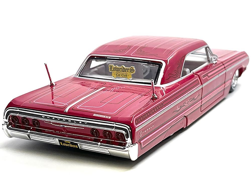1964 Chevrolet Impala SS Lowrider Pink with Graphics and White Interior "Lowriders" "Maisto Design" Series 1/26 Diecast Model Car by Maisto view 2