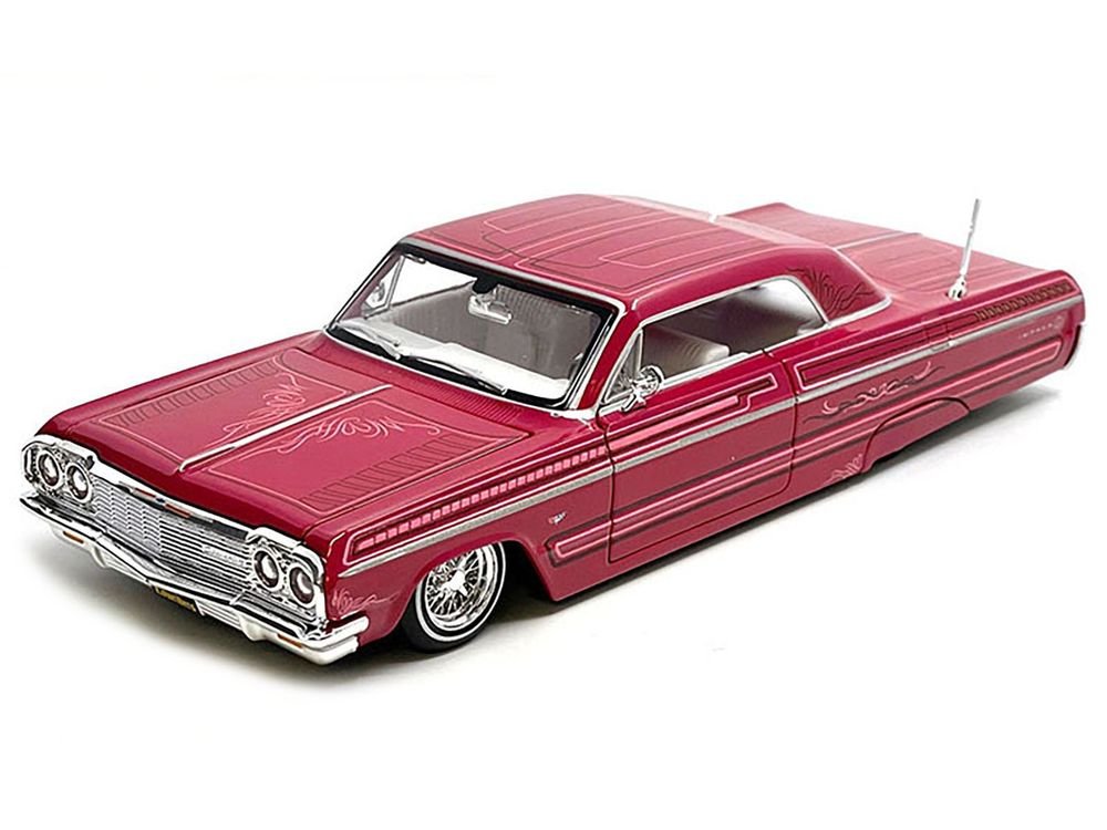 1964 Chevrolet Impala SS Lowrider Pink with Graphics and White Interior "Lowriders" "Maisto Design" Series 1/26 Diecast Model Car by Maisto view 3