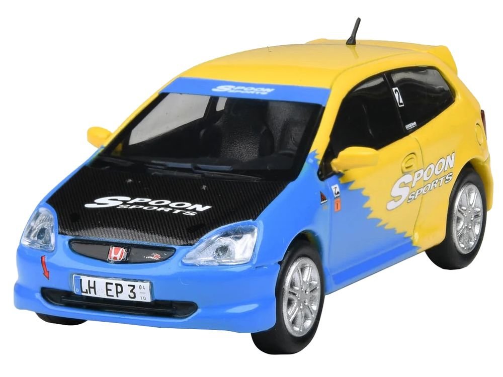2001 Honda Civic Type R EP3 Blue and Yellow with Black Hood "Spoon Sports" 1/64 Diecast Model Car by Paragon Models view 2