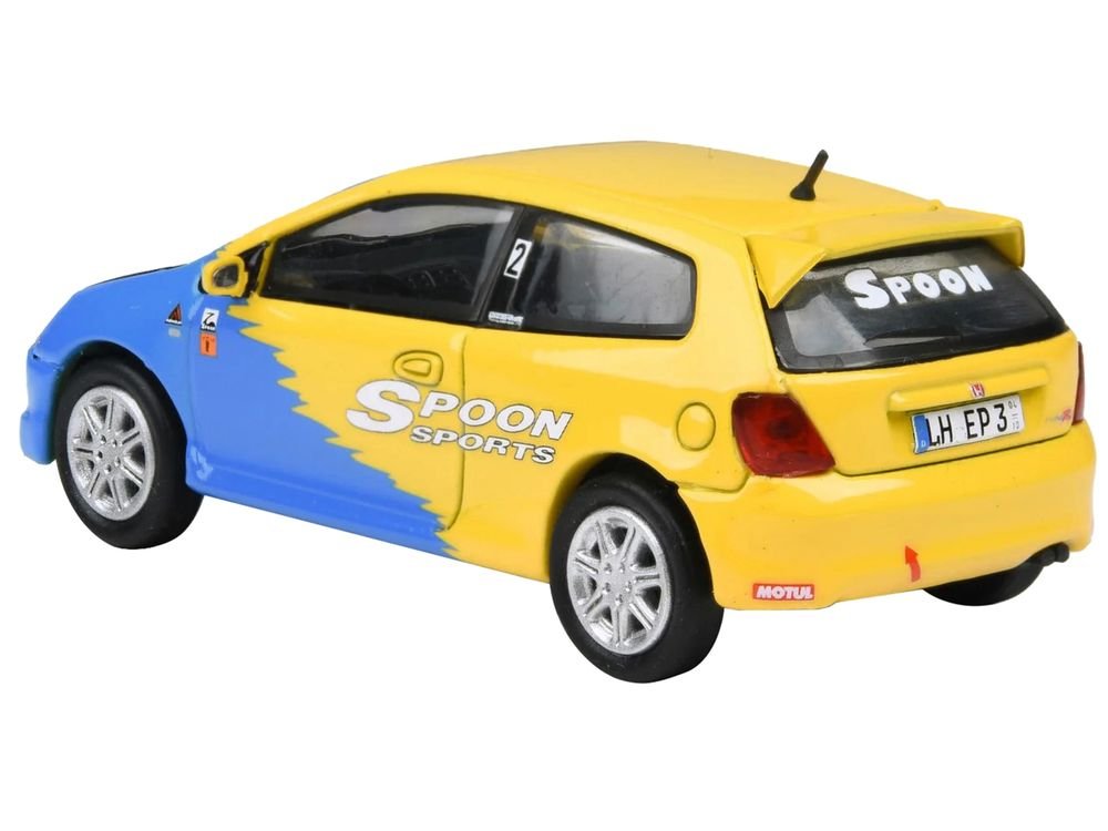 2001 Honda Civic Type R EP3 Blue and Yellow with Black Hood "Spoon Sports" 1/64 Diecast Model Car by Paragon Models view 3