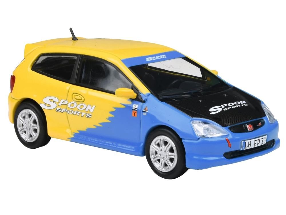 2001 Honda Civic Type R EP3 Blue and Yellow with Black Hood "Spoon Sports" 1/64 Diecast Model Car by Paragon Models view 4