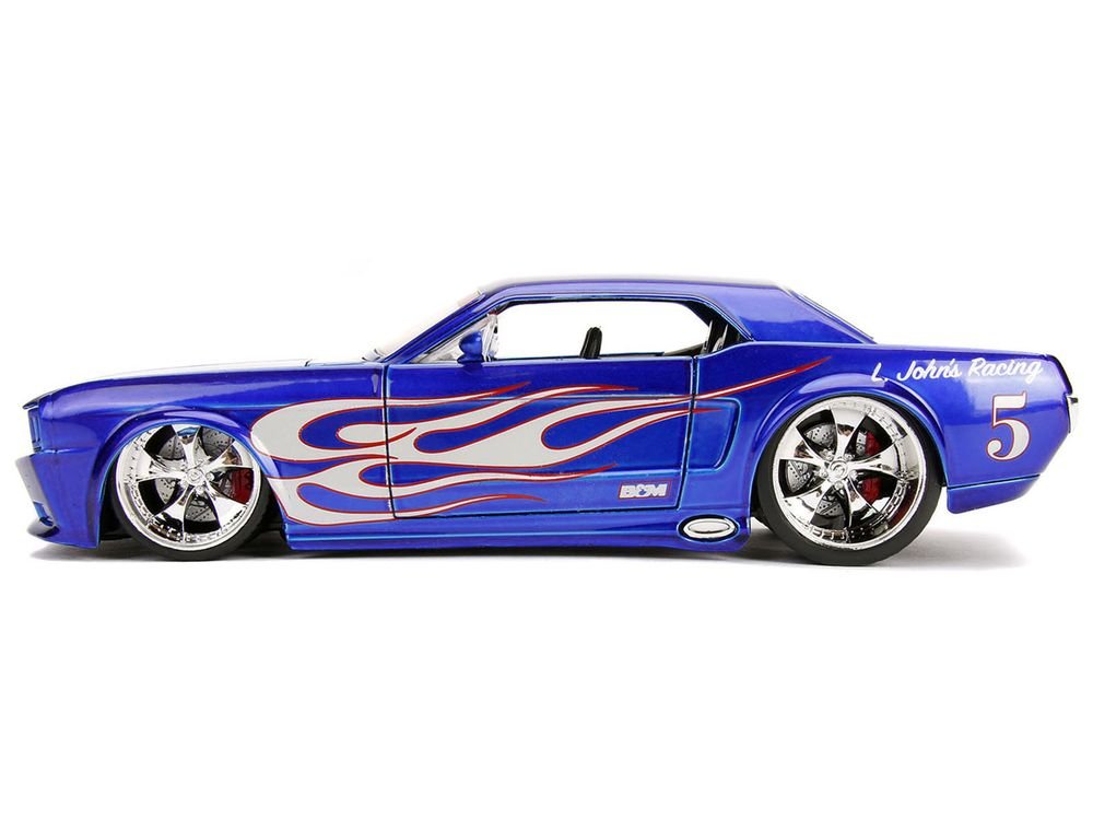 1965 Ford Mustang #5 "L. John's Racing" Candy Blue with Flame Graphics "Bigtime Muscle" Series 1/24 Diecast Model Car by Jada view 3