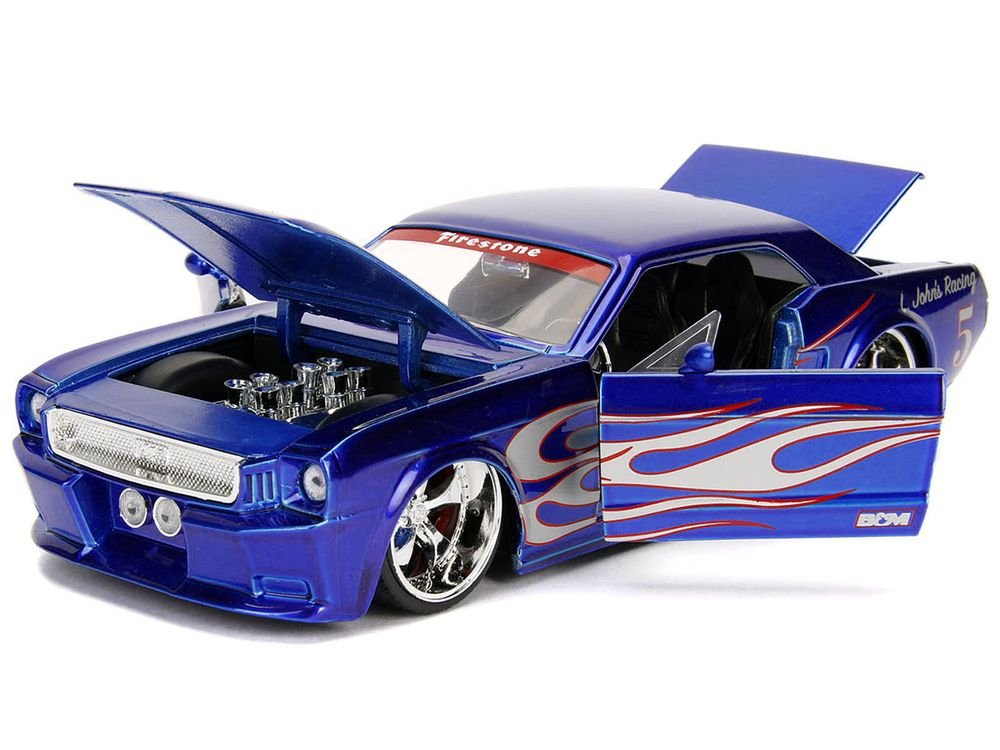 1965 Ford Mustang #5 "L. John's Racing" Candy Blue with Flame Graphics "Bigtime Muscle" Series 1/24 Diecast Model Car by Jada view 4