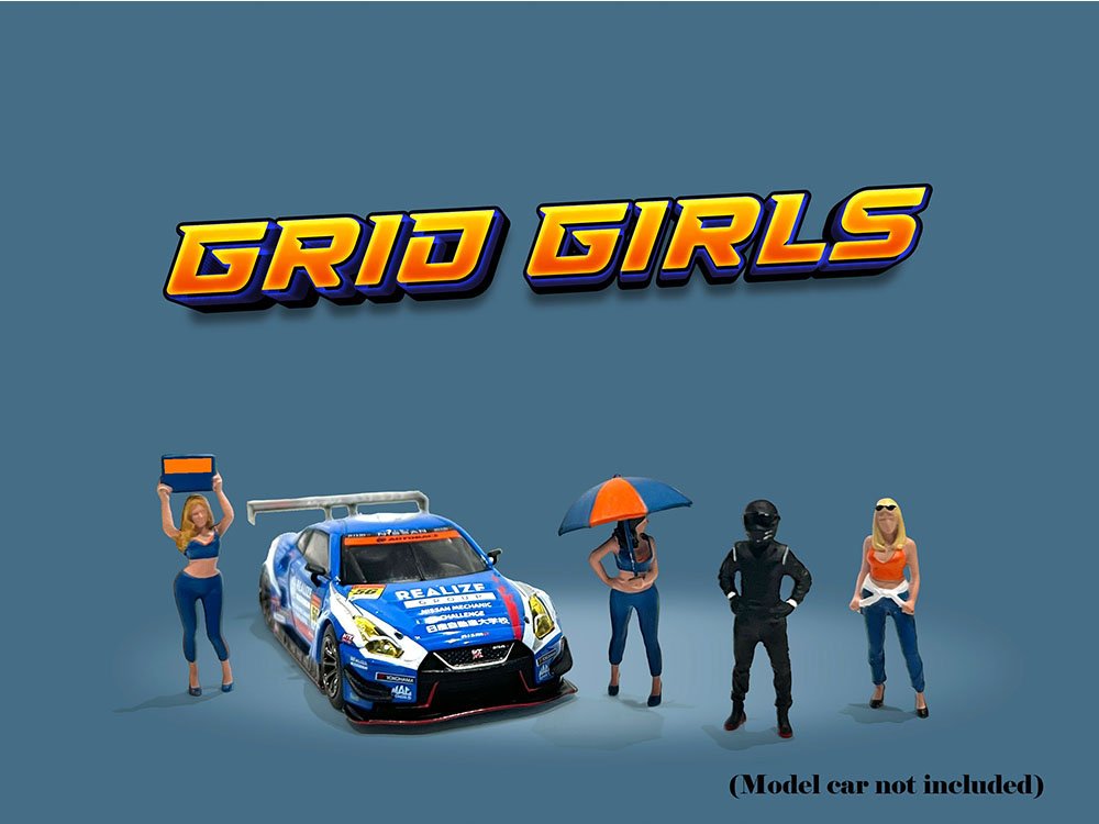 "Grid Girls" 5 piece Diecast Figure Set (4 People Figures 1 Umbrella) Limited Edition to 3600 pieces Worldwide for 1/64 Scale Models by American Diorama view 3
