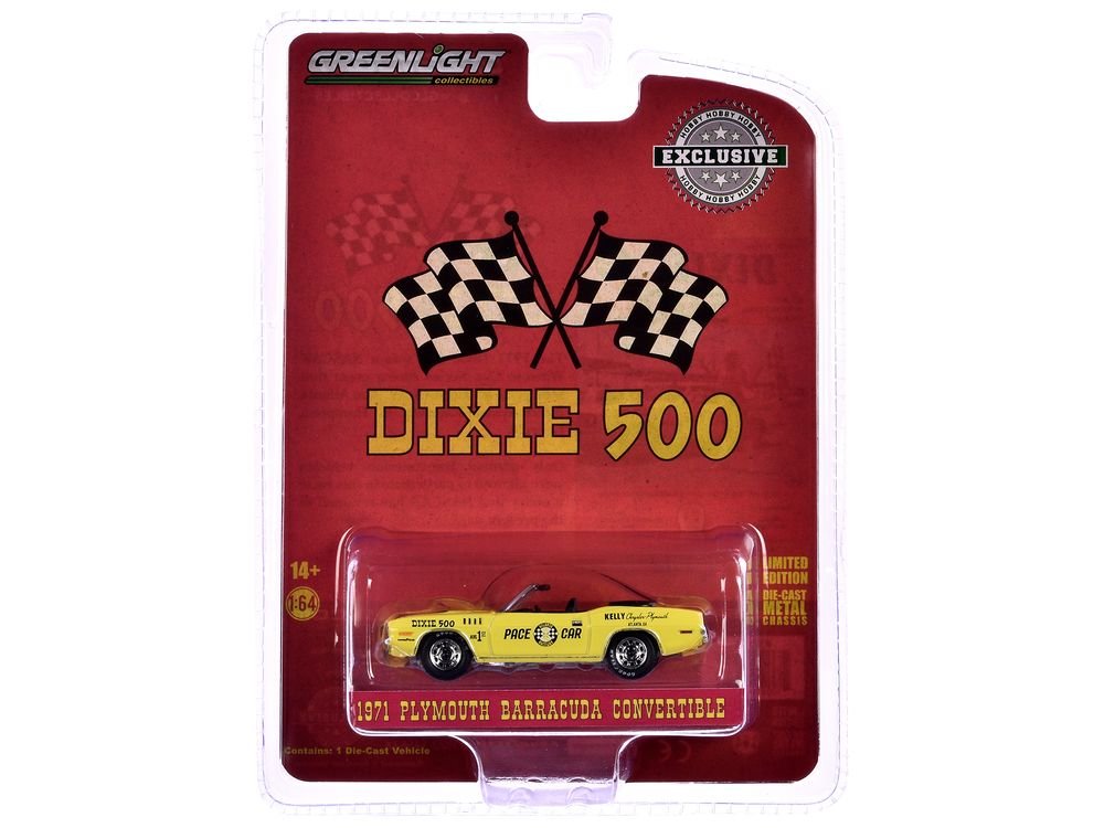 1971 Plymouth Barracuda Convertible "Dixie 500 Pace Car" Yellow "Hobby Exclusive" Series 1/64 Diecast Model Car by Greenlight view 3