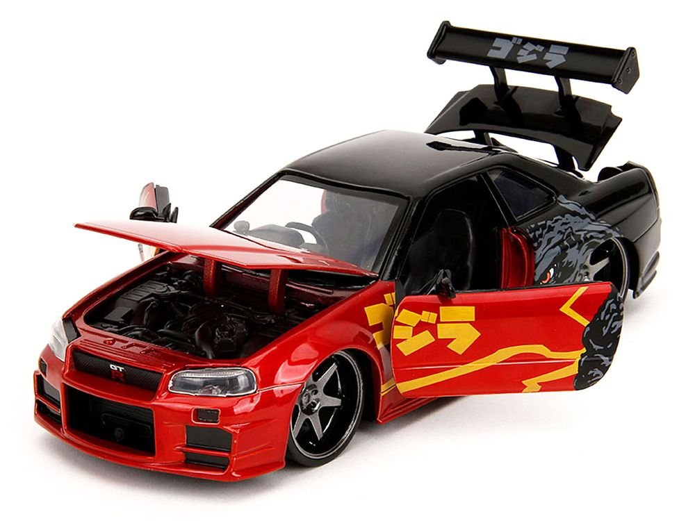 2002 Nissan Skyline GT-R (R34) RHD (Right Hand Drive) Red Metallic and Black "Godzilla vs. Destoroyah" (1995) Movie "Hollywood Rides" Series 1/24 Diecast Model Car by Jada view 2
