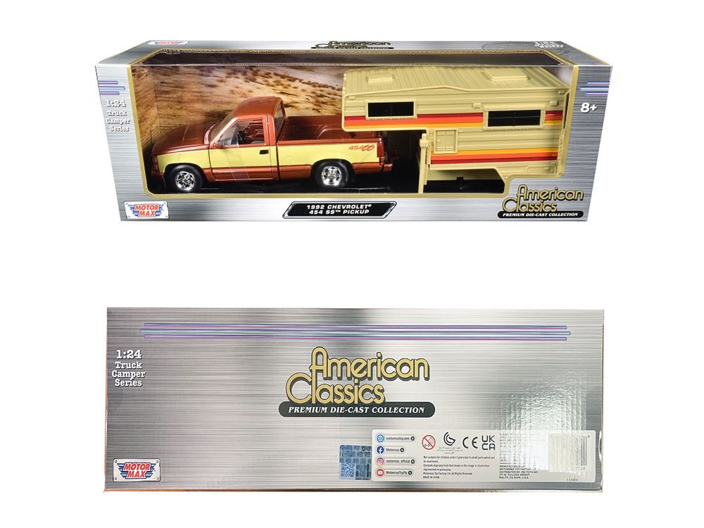 1992 Chevrolet 454 SS Pickup Truck Copper Metallic with Beige Sides with Camper Shell "American Classics" Series 1/24 Diecast Model Car by Motormax view 3