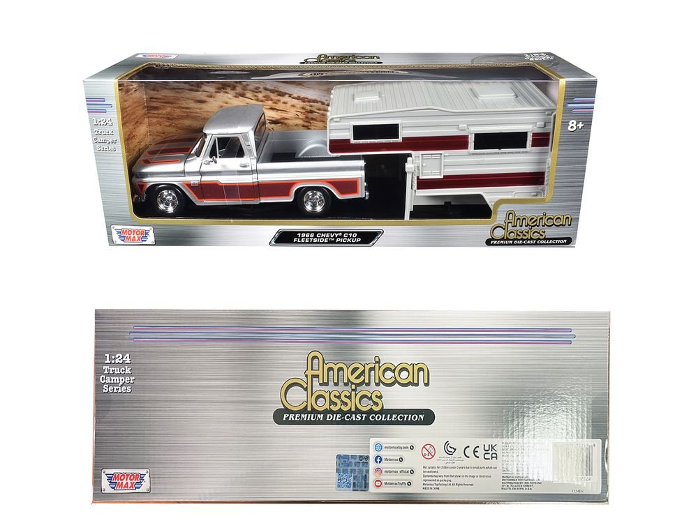 1966 Chevrolet C10 Fleetside Pickup Truck Silver Metallic with Brown Sides with Camper Shell "American Classics" Series 1/24 Diecast Model Car by Motormax view 3