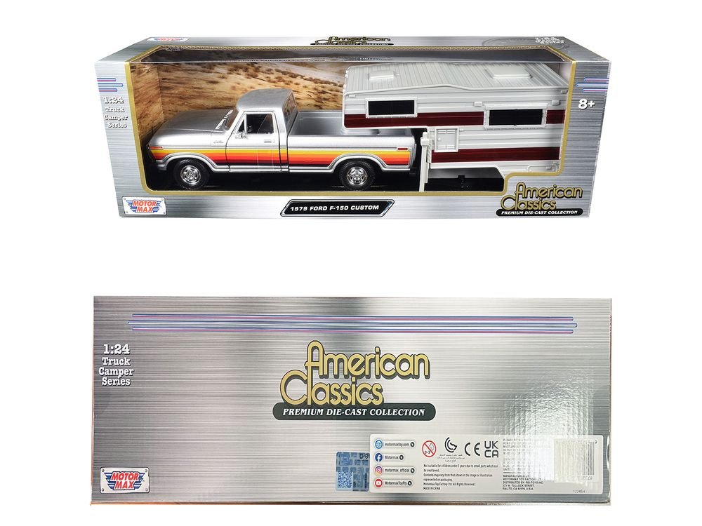 1979 Ford F-150 Custom Pickup Truck Silver Metallic with Side Stripes with Camper Shell "American Classics" Series 1/24 Diecast Model Car by Motormax view 2