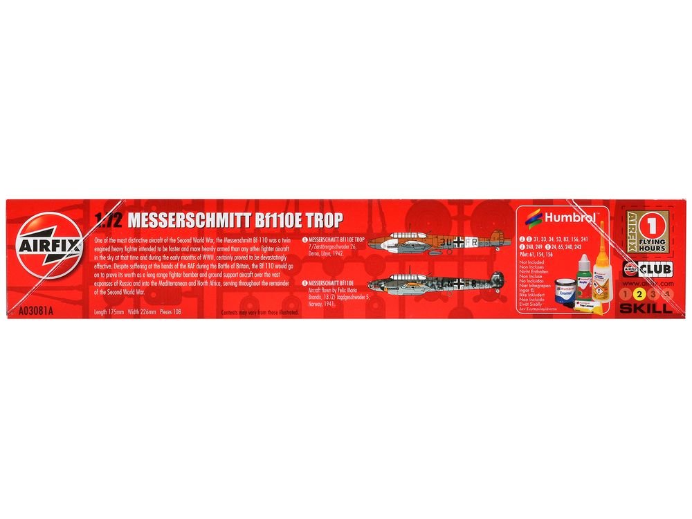 Level 2 Model Kit Messerschmitt Bf110E/E-2 TROP Fighter Aircraft with 2 Scheme Options 1/72 Plastic Model Kit by Airfix view 2