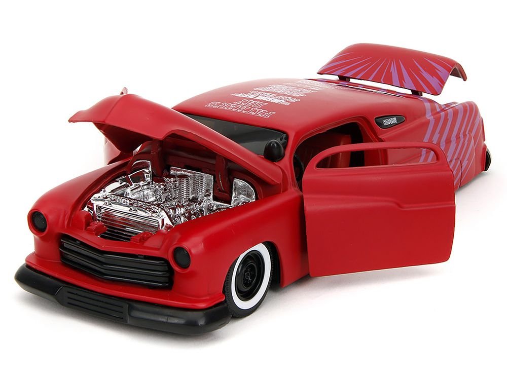 1951 Mercury Matt Red with Purple Stripes and Creep Diecast Figure "Creepshow" (1982) Movie "Hollywood Rides" Series 1/24 Diecast Model Car by Jada view 3