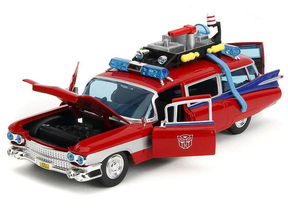 1959 Cadillac Ambulance Ecto-1 Red "Transformers" TV Series - "Ghostbusters" (1984) Movie Crossover "Hollywood Rides" Series 1/24 Diecast Model Car by Jada view 2