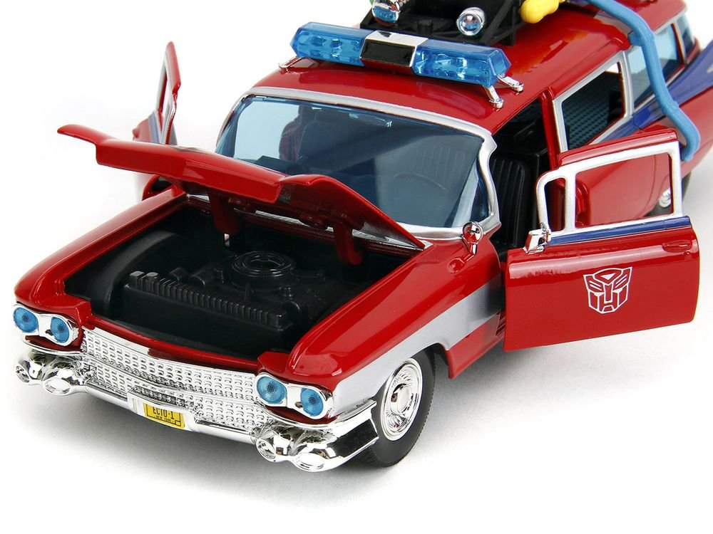 1959 Cadillac Ambulance Ecto-1 Red "Transformers" TV Series - "Ghostbusters" (1984) Movie Crossover "Hollywood Rides" Series 1/24 Diecast Model Car by Jada view 3