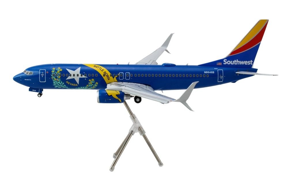 Boeing 737-800 Commercial Aircraft with Flaps Down "Southwest Airlines - Nevada One" (N8646B) Blue with Tail Stripes "Gemini 200" Series 1/200 Diecast Model Airplane by GeminiJets view 2