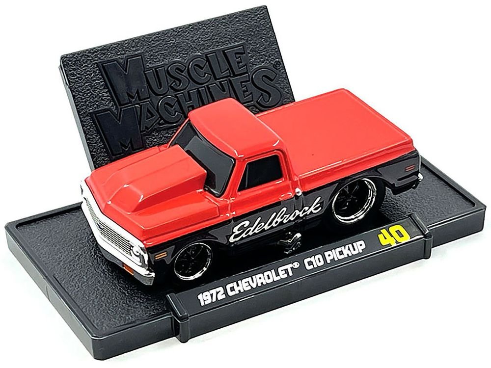 1972 Chevrolet C-10 Pickup Truck Red and Black "Edelbrock" 1/64 Diecast Model Car by Muscle Machines view 3