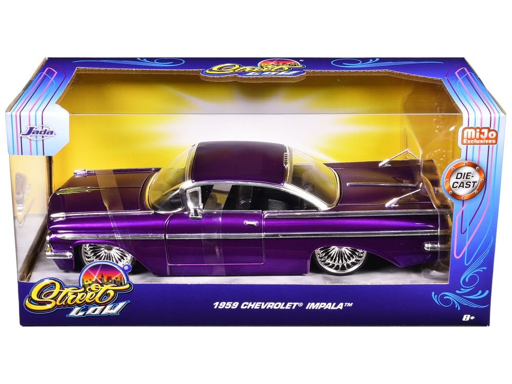 1959 Chevrolet Impala Lowrider Candy Purple with DUB Wire Wheels "Street Low" Series 1/24 Diecast Model Car by Jada view 3