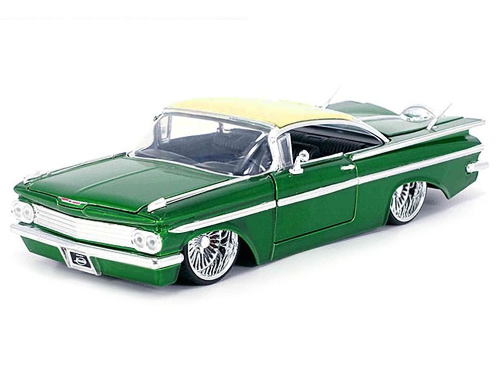 1959 Chevrolet Impala Lowrider Green Metallic with Cream Top and DUB Wire Wheels "Street Low" Series 1/24 Diecast Model Car by Jada view 2