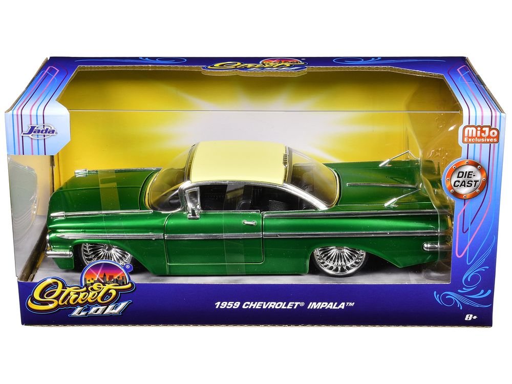 1959 Chevrolet Impala Lowrider Green Metallic with Cream Top and DUB Wire Wheels "Street Low" Series 1/24 Diecast Model Car by Jada view 3