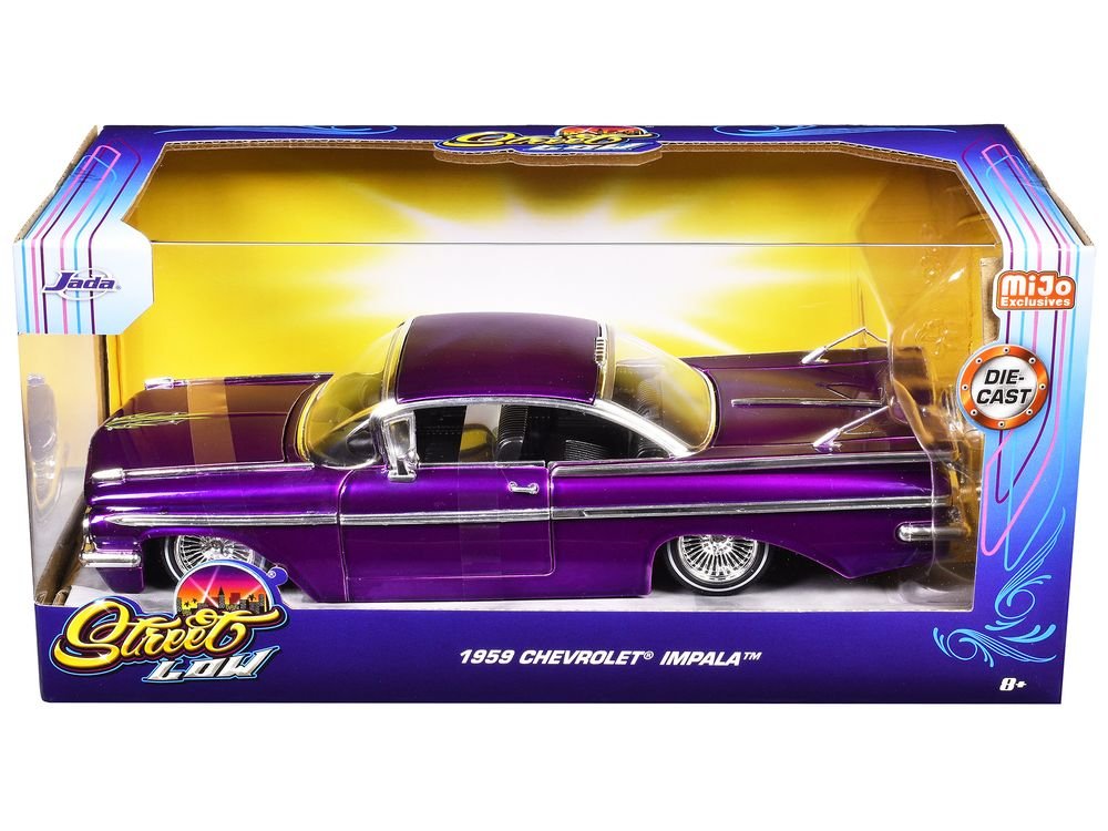 1959 Chevrolet Impala Lowrider Candy Purple with Wire Wheels "Street Low" Series 1/24 Diecast Model Car by Jada view 3