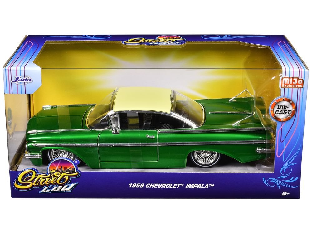 1959 Chevrolet Impala Lowrider Green Metallic with Cream Top and Wire Wheels "Street Low" Series 1/24 Diecast Model Car by Jada view 3