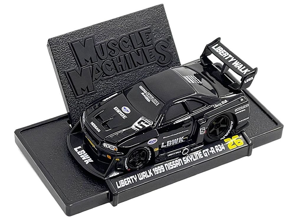 1999 Nissan Skyline GT-R (R34) #5 "Liberty Walk" Black 1/64 Diecast Model Car by Muscle Machines view 3