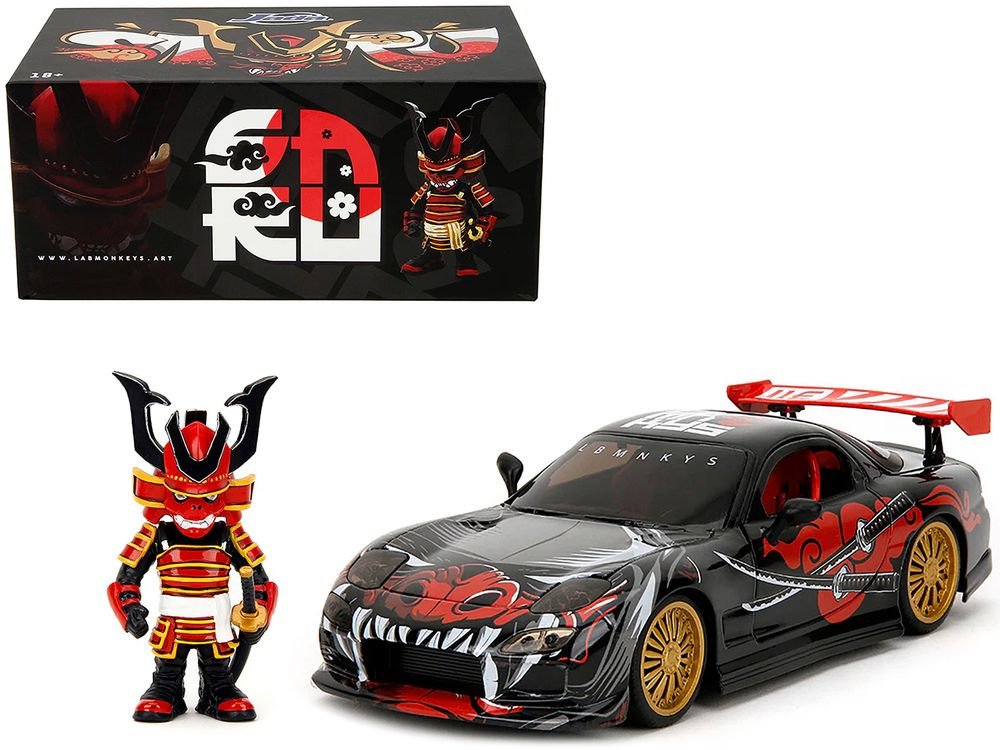 1993 Mazda RX-7 Black with Graphics "Lab Monkeys" with Saru Diecast Figure "Hollywood Rides" Series 1/24 Diecast Model Car by Jada