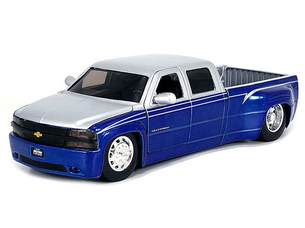 1999 Chevrolet Silverado Dually Pickup Truck Blue Metallic and Silver with Stock Wheels "Just Trucks" Series 1/24 Diecast Model Car by Jada view 2