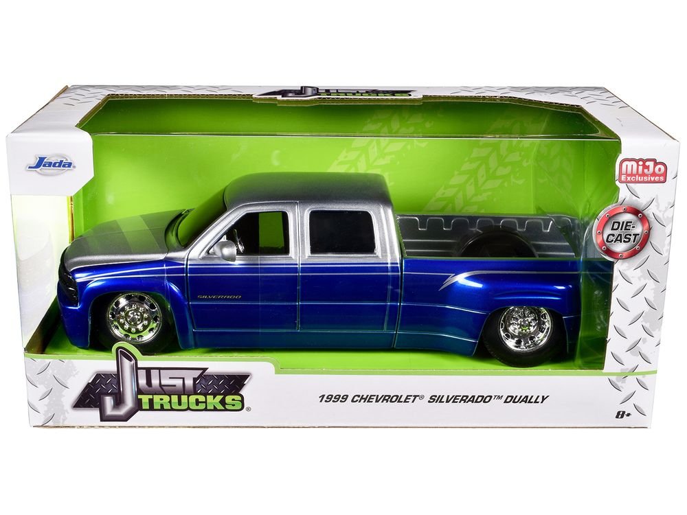 1999 Chevrolet Silverado Dually Pickup Truck Blue Metallic and Silver with Stock Wheels "Just Trucks" Series 1/24 Diecast Model Car by Jada view 3