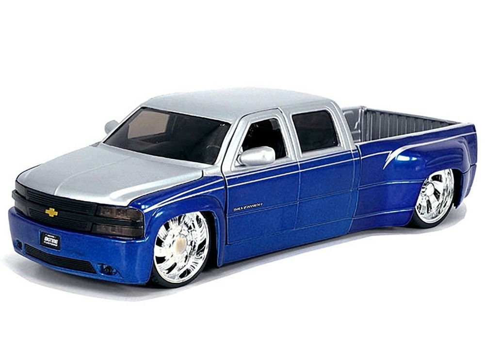 1999 Chevrolet Silverado Dually Pickup Truck Blue Metallic and Silver with Custom KMC Wheels "Just Trucks" Series 1/24 Diecast Model Car by Jada view 2