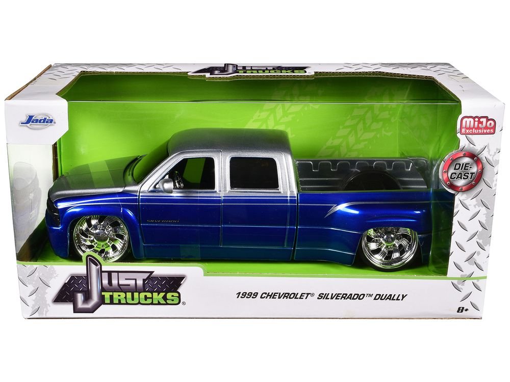 1999 Chevrolet Silverado Dually Pickup Truck Blue Metallic and Silver with Custom KMC Wheels "Just Trucks" Series 1/24 Diecast Model Car by Jada view 3