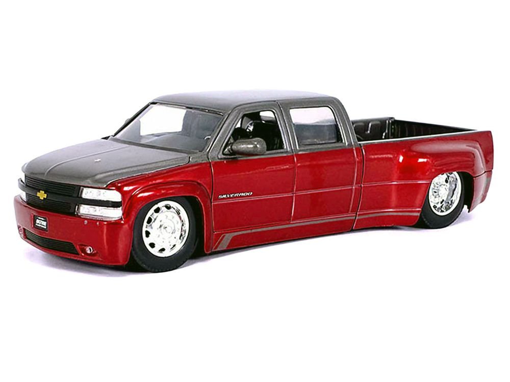 1999 Chevrolet Silverado Dually Pickup Truck Red Metallic and Gray with Stock Wheels "Just Trucks" Series 1/24 Diecast Model Car by Jada view 2