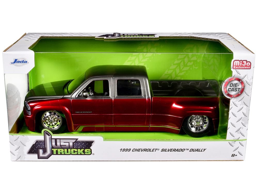 1999 Chevrolet Silverado Dually Pickup Truck Red Metallic and Gray with Stock Wheels "Just Trucks" Series 1/24 Diecast Model Car by Jada view 3