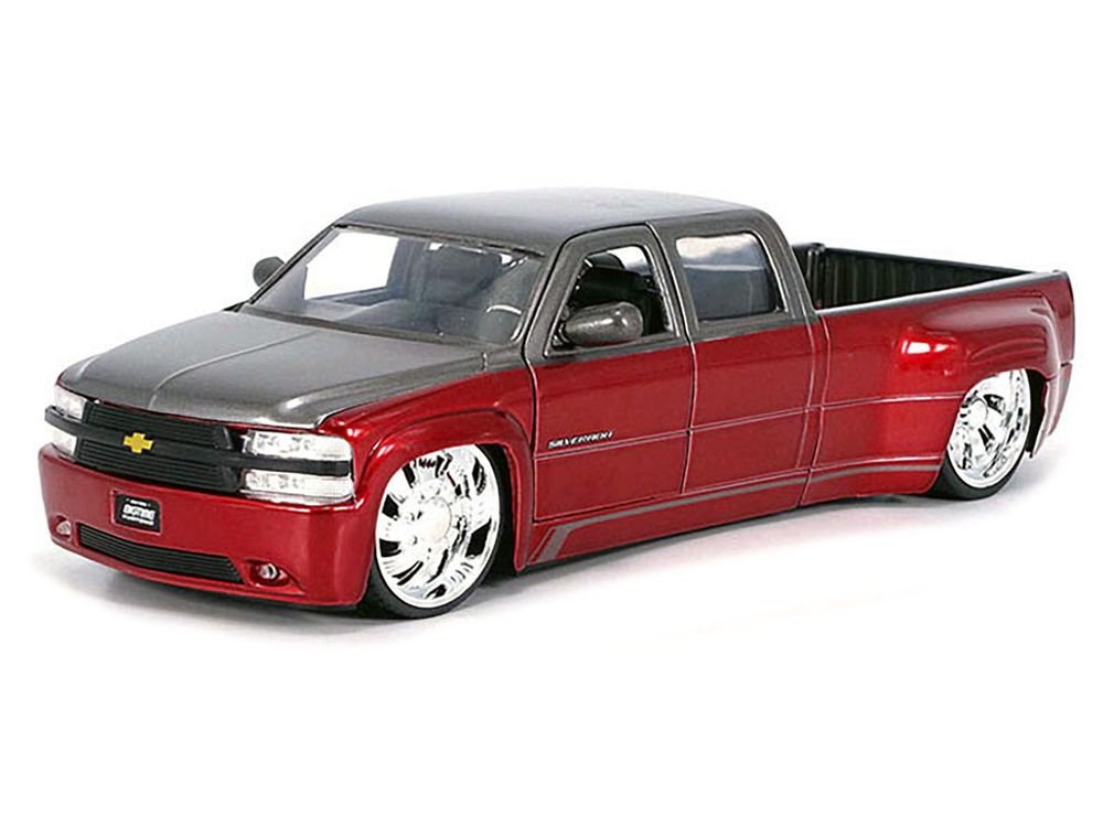 1999 Chevrolet Silverado Dually Pickup Truck Red Metallic and Gray with Custom KMC Wheels "Just Trucks" Series 1/24 Diecast Model Car by Jada view 2