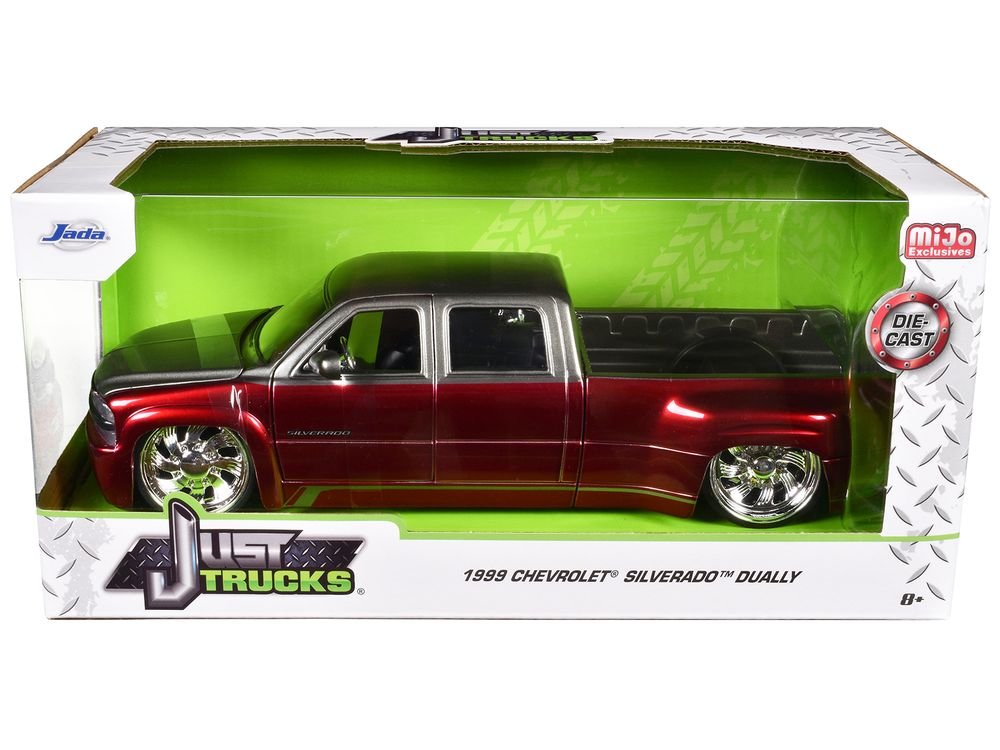 1999 Chevrolet Silverado Dually Pickup Truck Red Metallic and Gray with Custom KMC Wheels "Just Trucks" Series 1/24 Diecast Model Car by Jada view 3