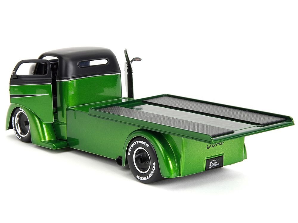 1947 Ford COE Flatbed Truck Green Metallic and Matt Black "Toyo Tires" with Extra Wheels "Just Trucks" Series 1/24 Diecast Model Car by Jada view 4