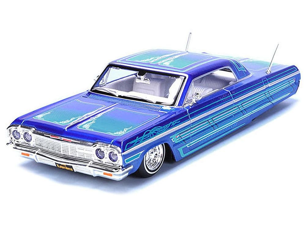 1964 Chevrolet Impala SS Lowrider Candy Blue with Graphics and White Interior "Lowriders" "Maisto Design" Series 1/26 Diecast Model Car by Maisto view 2
