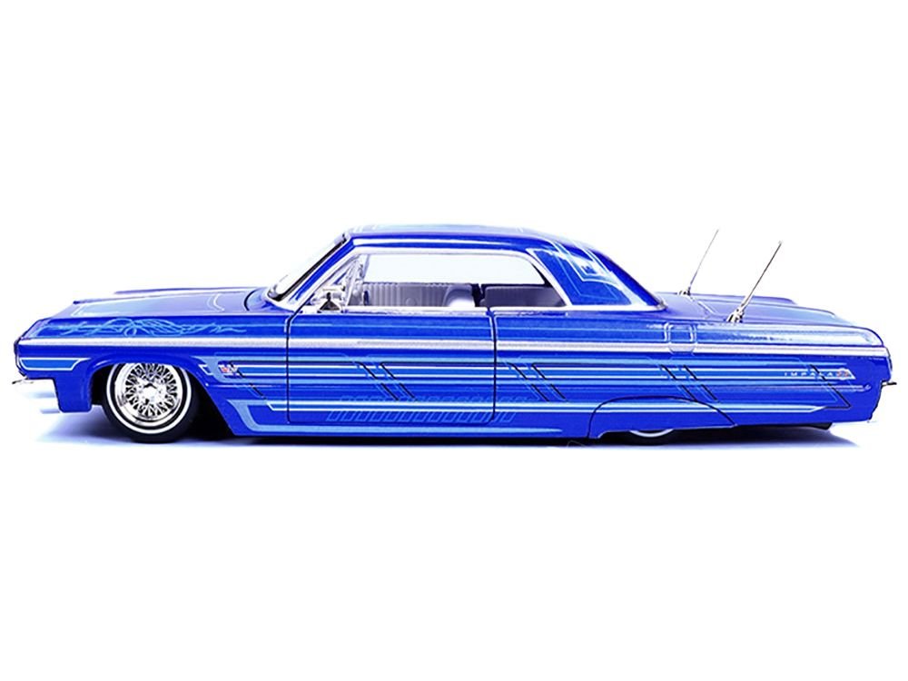 1964 Chevrolet Impala SS Lowrider Candy Blue with Graphics and White Interior "Lowriders" "Maisto Design" Series 1/26 Diecast Model Car by Maisto view 3