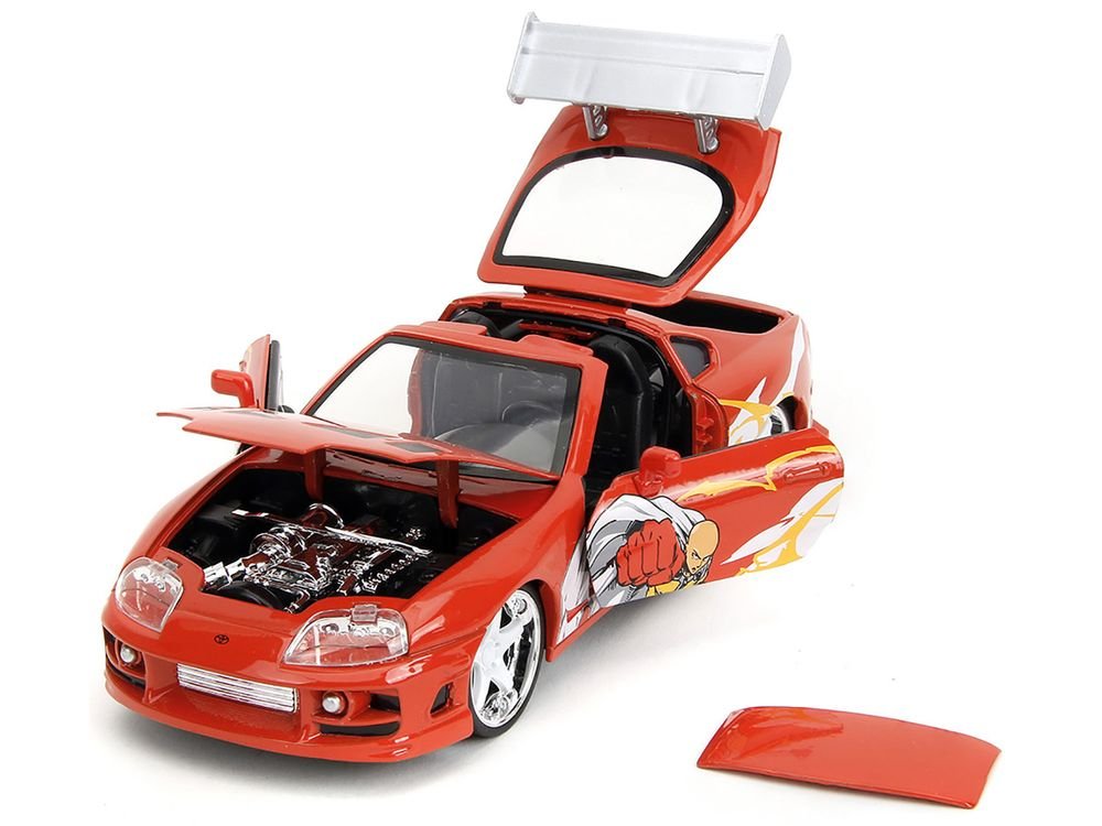 1995 Toyota Supra Red with Graphics and Saitama Diecast Figure "One Punch Man" (2015-2019) TV Series 1/24 Diecast Model by Jada view 2