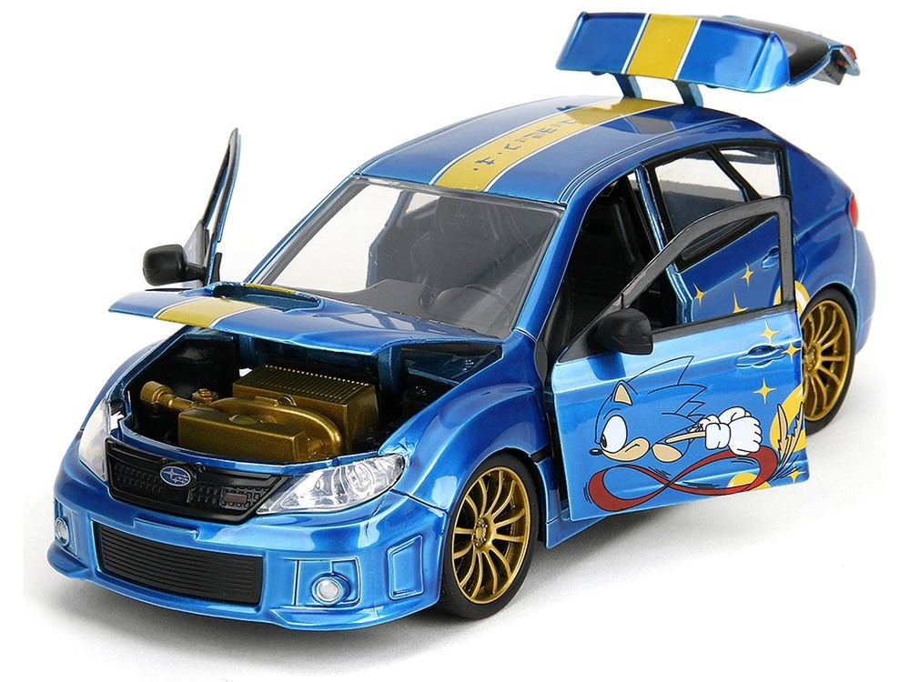 2012 Subaru Impreza WRX STI Blue Metallic with Graphics and Sonic The Hedgehog Diecast Figure "Sonic The Hedgehog" "Hollywood Rides" Series 1/24 Diecast Model Car by Jada view 2