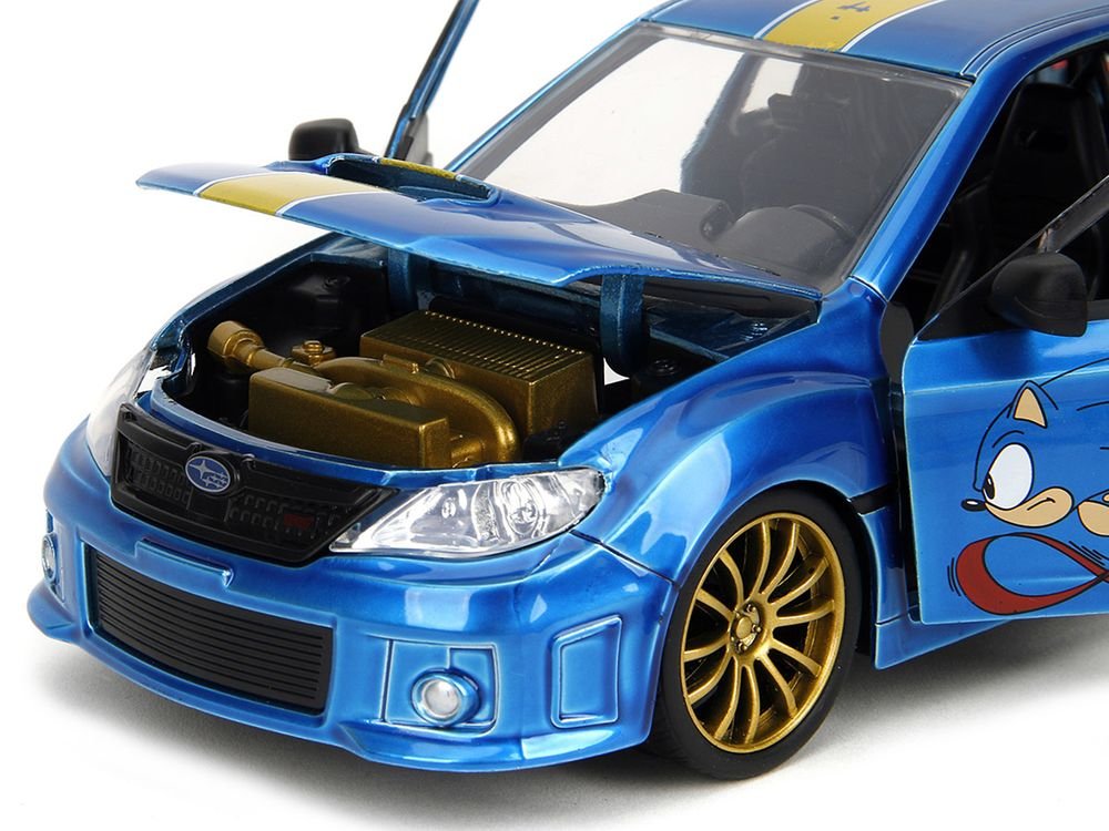 2012 Subaru Impreza WRX STI Blue Metallic with Graphics and Sonic The Hedgehog Diecast Figure "Sonic The Hedgehog" "Hollywood Rides" Series 1/24 Diecast Model Car by Jada view 3
