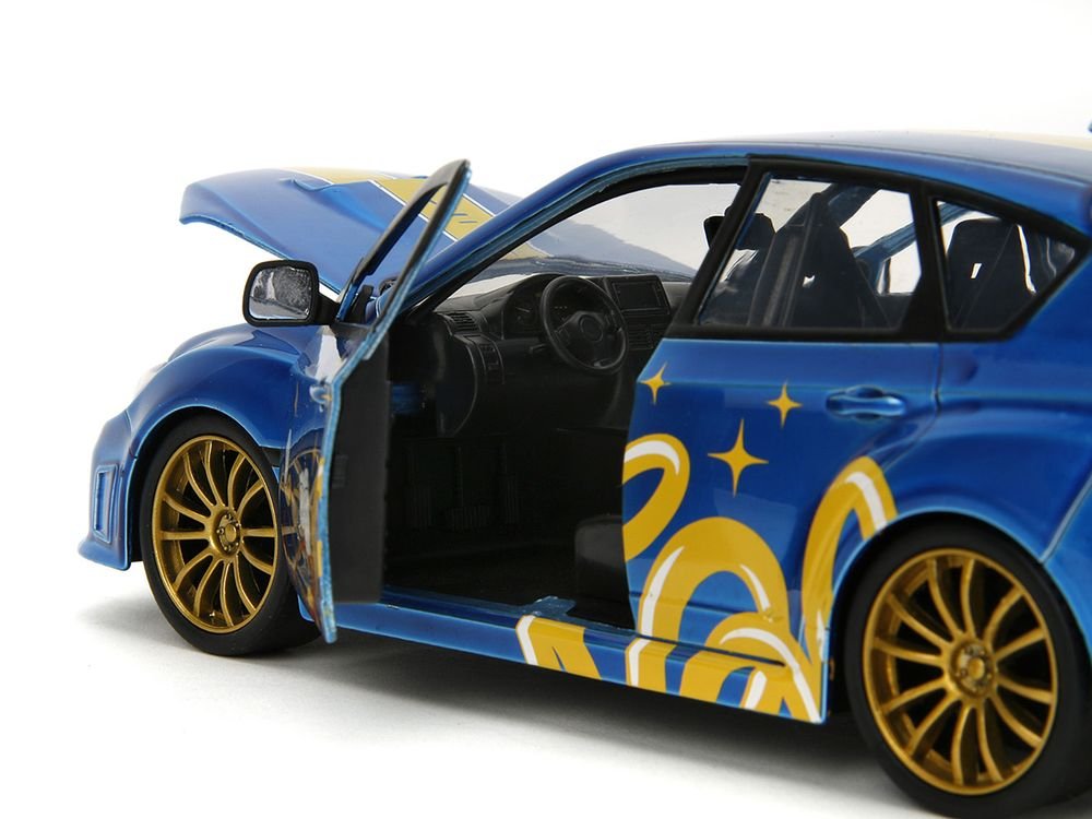 2012 Subaru Impreza WRX STI Blue Metallic with Graphics and Sonic The Hedgehog Diecast Figure "Sonic The Hedgehog" "Hollywood Rides" Series 1/24 Diecast Model Car by Jada view 4