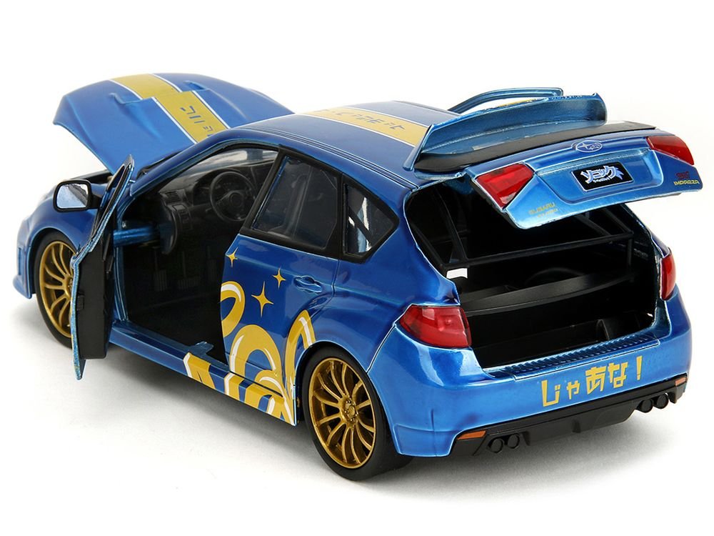 2012 Subaru Impreza WRX STI Blue Metallic with Graphics and Sonic The Hedgehog Diecast Figure "Sonic The Hedgehog" "Hollywood Rides" Series 1/24 Diecast Model Car by Jada view 5