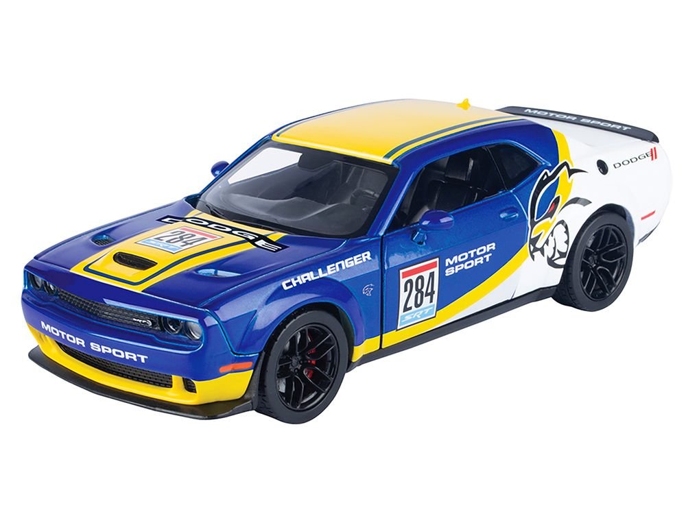 2018 Dodge Challenger SRT Hellcat Widebody #284 Blue Metallic and White with Yellow Graphics "GT Racing" Series 1/24 Diecast Model Car by Motormax view 2