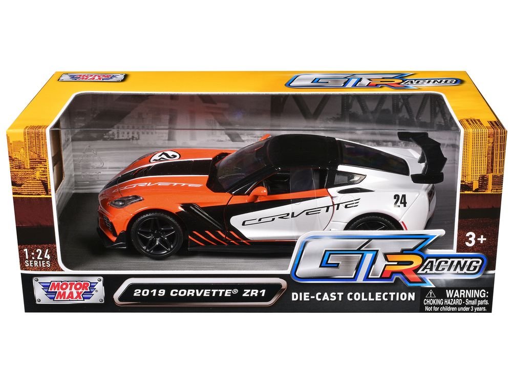 2019 Chevrolet Corvette ZR1 #24 Orange and White with Black Graphics "GT Racing" Series 1/24 Diecast Model Car by Motormax view 3