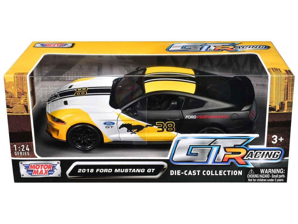2018 Ford Mustang GT #38 White and Matt Black with Yellow Graphics "GT Racing" Series 1/24 Diecast Model Car by Motormax view 3