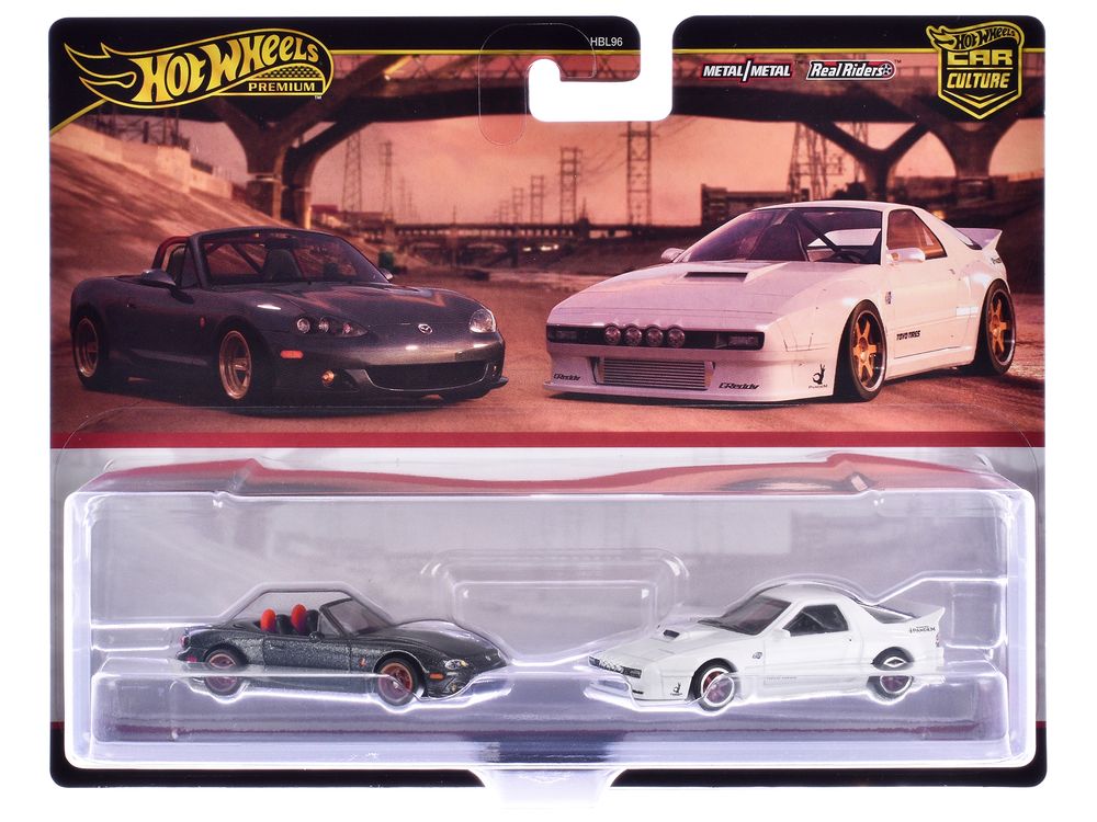 Mazda Mazdaspeed Miata Gray Metallic and Mazda RX7 FC Pandem White "Car Culture" Set of 2 Cars Diecast Model Cars by Hot Wheels view 3