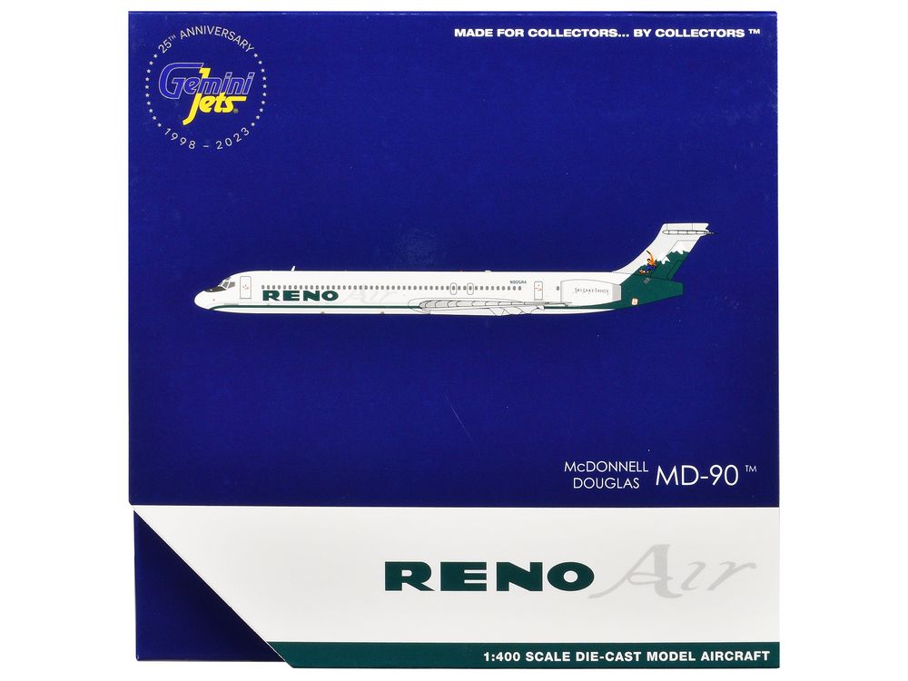 McDonnell Douglas MD-90 Commercial Aircraft "Reno Air" (N905RA) White with Green Tail 1/400 Diecast Model Airplane by GeminiJets view 3